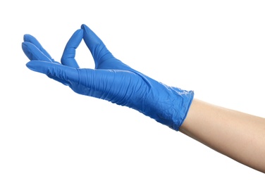 Woman in blue latex gloves holding something on white background, closeup of hand Photo of Woman in blue latex gloves holding something on white background, closeup of hand