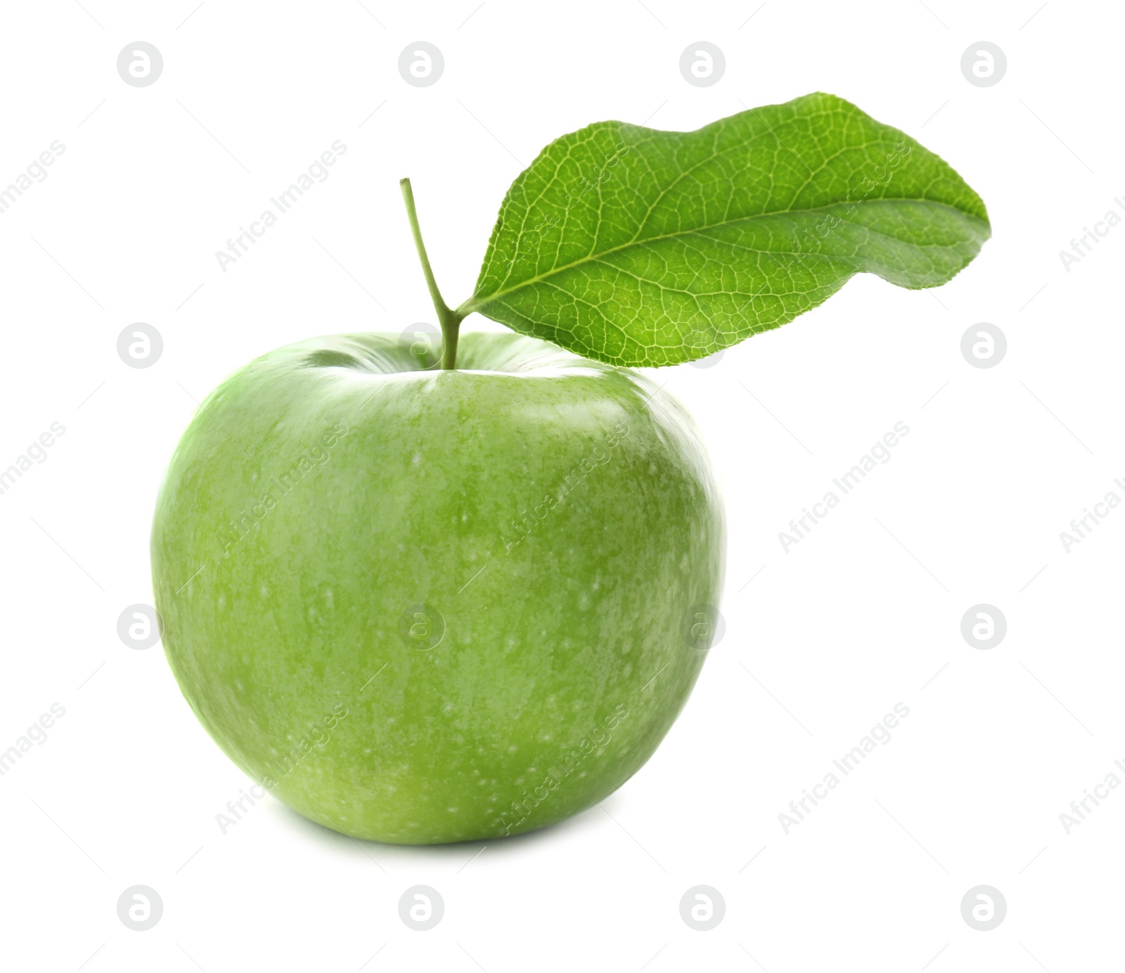 Fresh green apple with leaf on white background Photo of Fresh green apple with leaf on white background