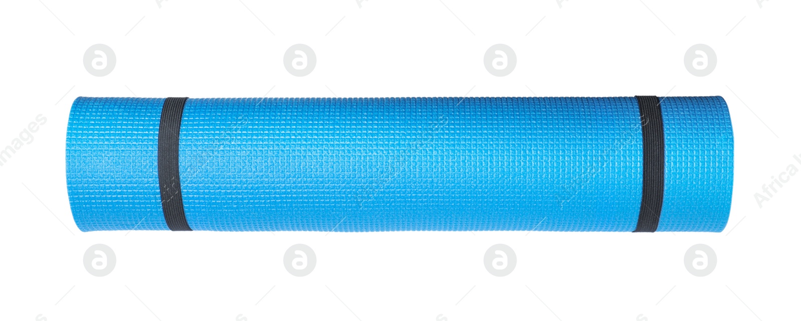 Blue rolled camping or exercise mat on white background, top view Photo of Blue rolled camping or exercise mat on white background, top view