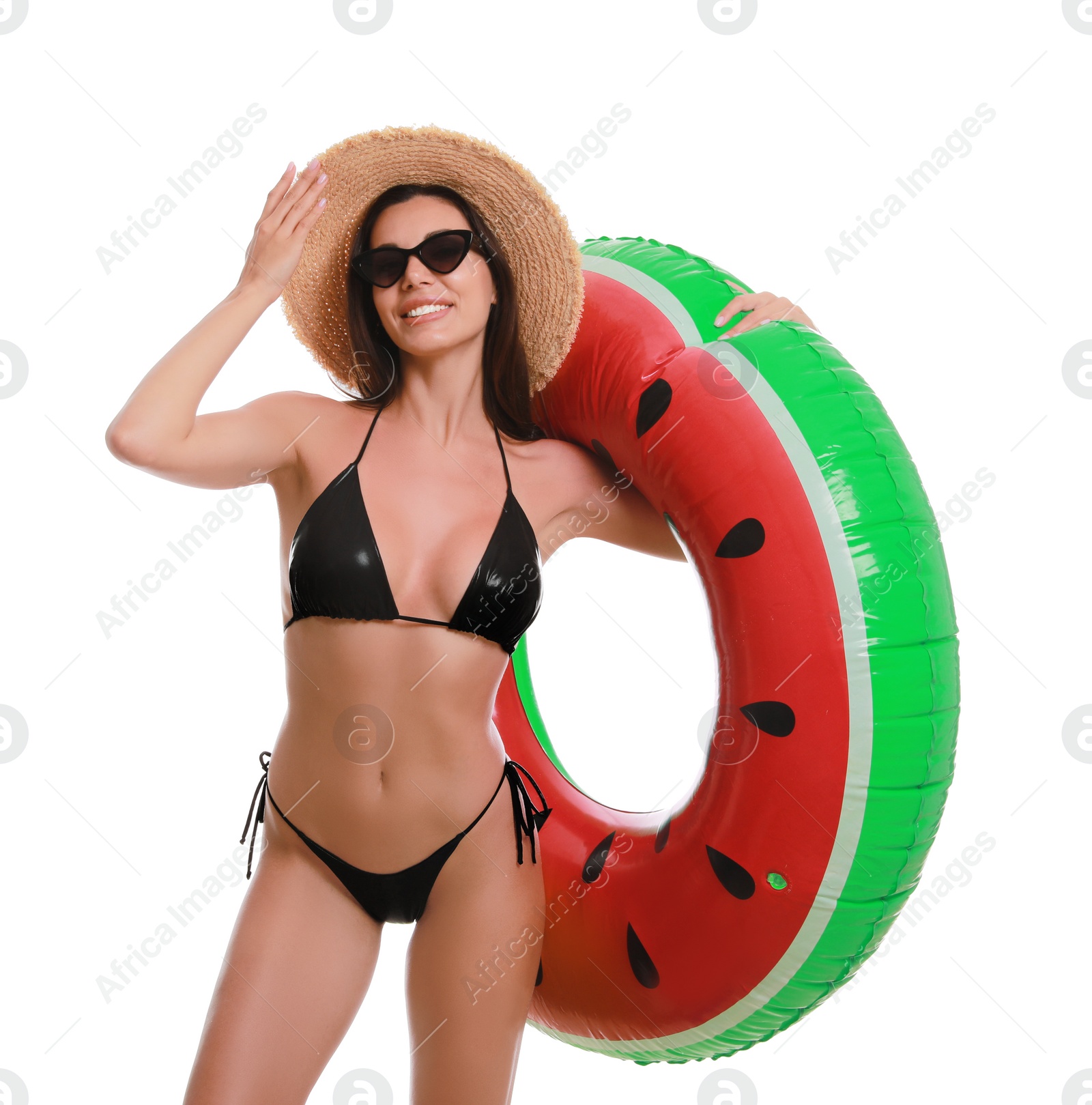 Beautiful woman in stylish bikini with inflatable ring on white background Photo of Beautiful woman in stylish bikini with inflatable ring on white background