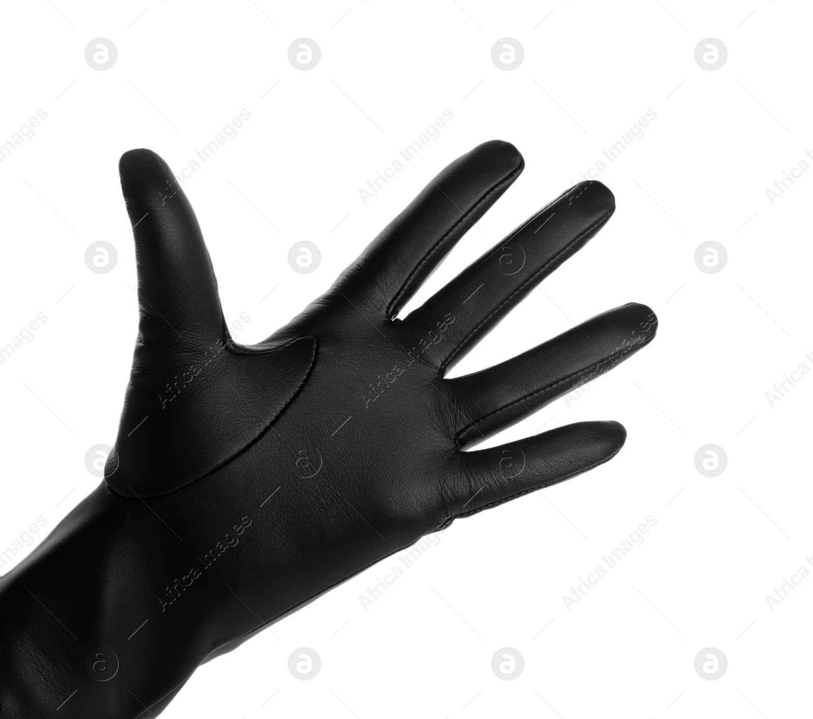 Woman wearing black leather glove on white background, closeup Photo of Woman wearing black leather glove on white background, closeup