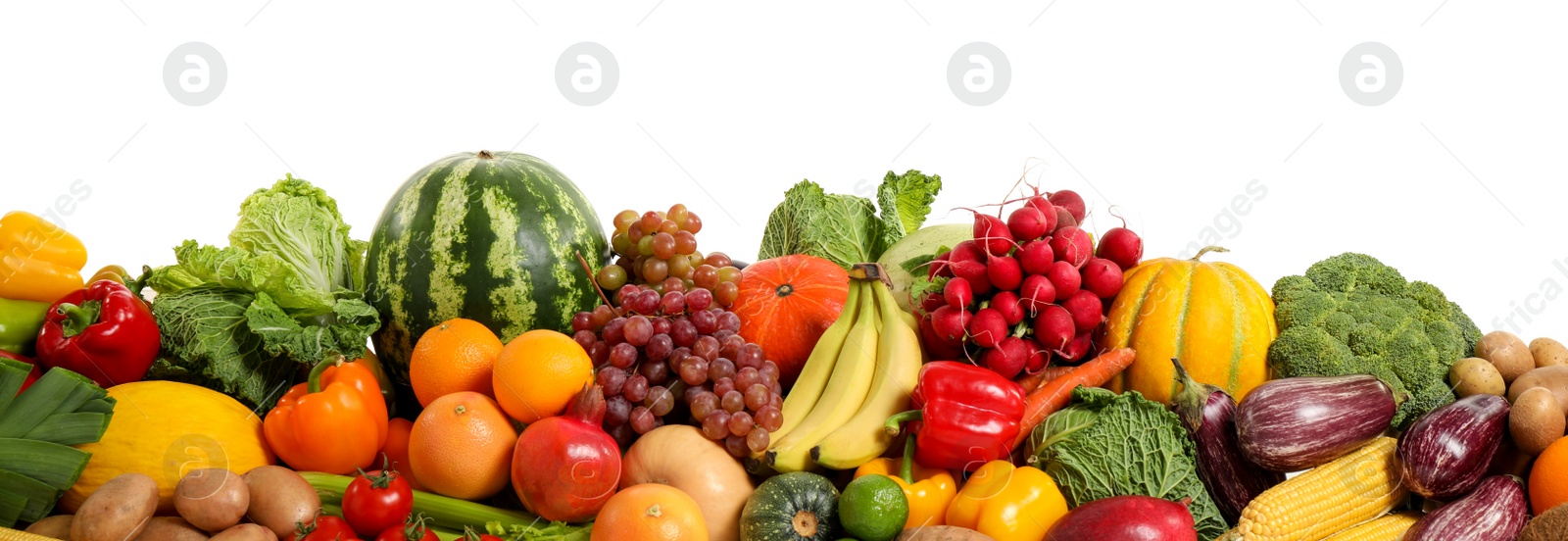 Assortment of fresh organic fruits and vegetables on white background. Banner design Photo of Assortment of fresh organic fruits and vegetables on white background. Banner design