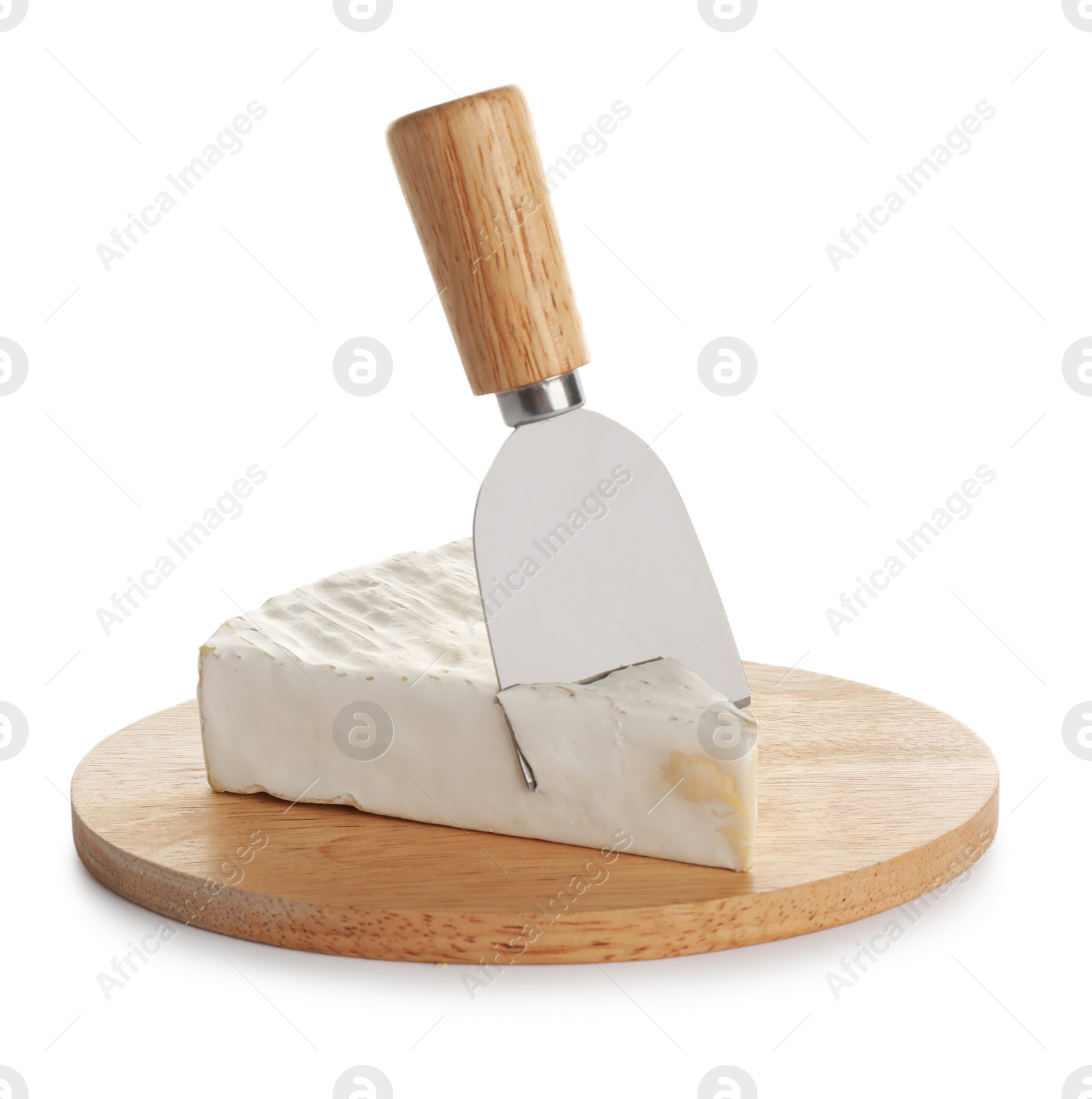 Delicious Brie cheese and knife on white background Photo of Delicious Brie cheese and knife on white background