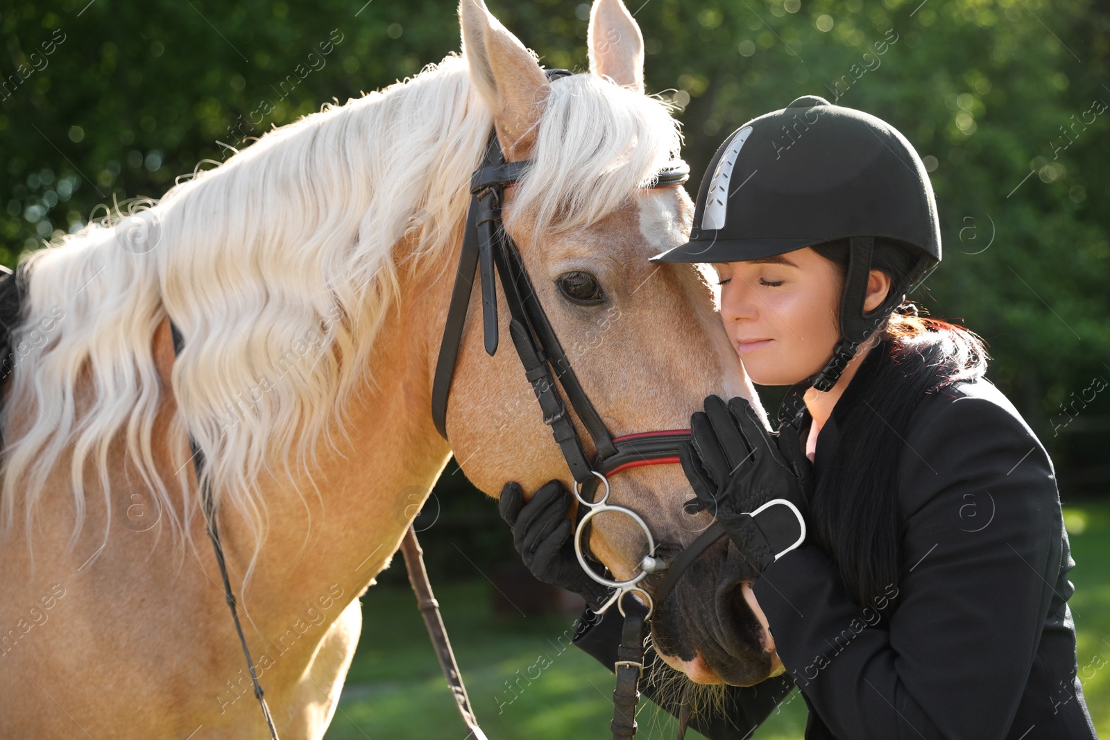 Young woman in horse riding suit and her beautiful pet outdoors on sunny day Photo of Young woman in horse riding suit and her beautiful pet outdoors on sunny day