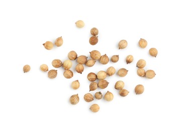 Scattered dried coriander seeds on white background, top view Photo of Scattered dried coriander seeds on white background, top view