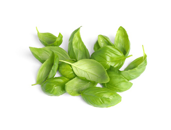 Photo of Pile of fresh basil leaves isolated on white