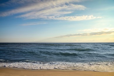 Picturesque view of beautiful sky with clouds over tropical beach Photo of Picturesque view of beautiful sky with clouds over tropical beach