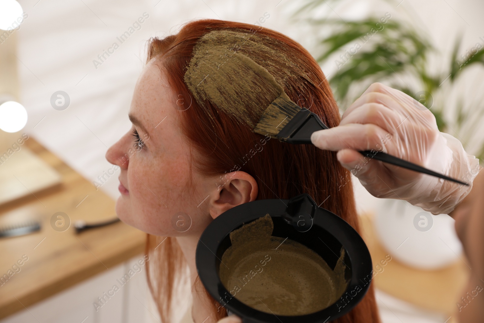 Professional hairdresser dyeing woman's hair with henna in beauty salon Photo of Professional hairdresser dyeing woman's hair with henna in beauty salon