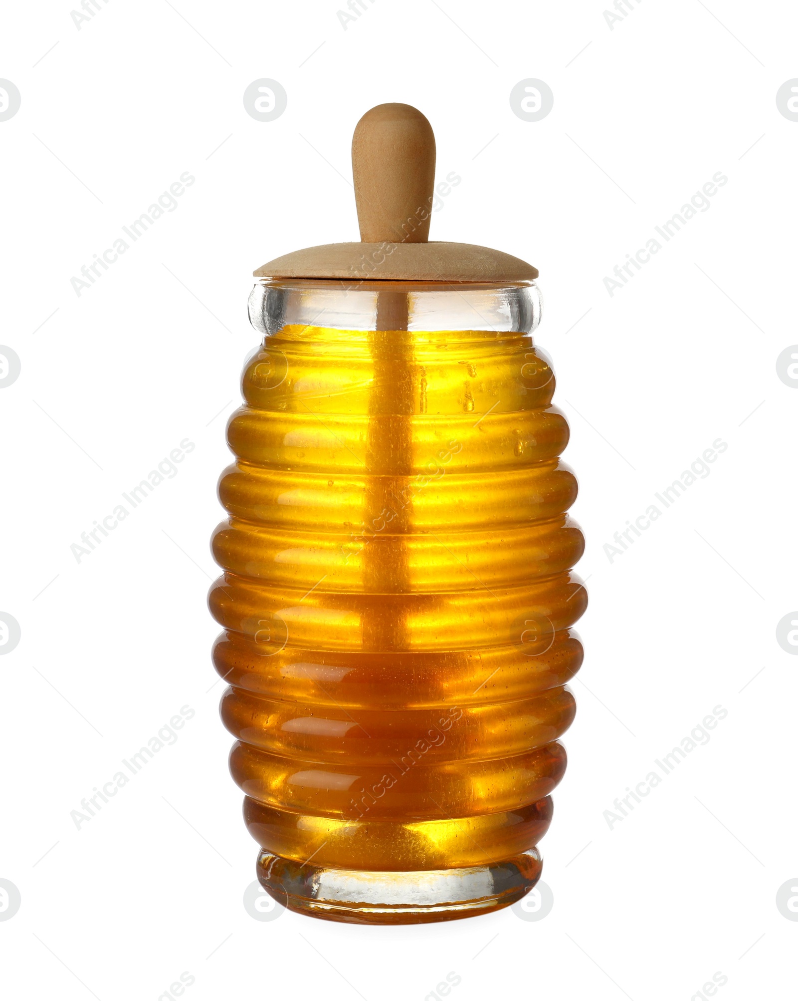 Jar with organic honey and dipper isolated on white Photo of Jar with organic honey and dipper isolated on white