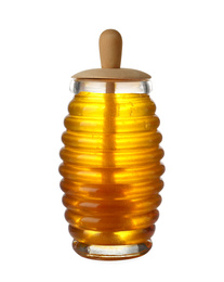 Photo of Jar with organic honey and dipper isolated on white