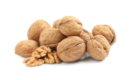 Pile of ripe walnuts on white background Photo of Pile of ripe walnuts on white background