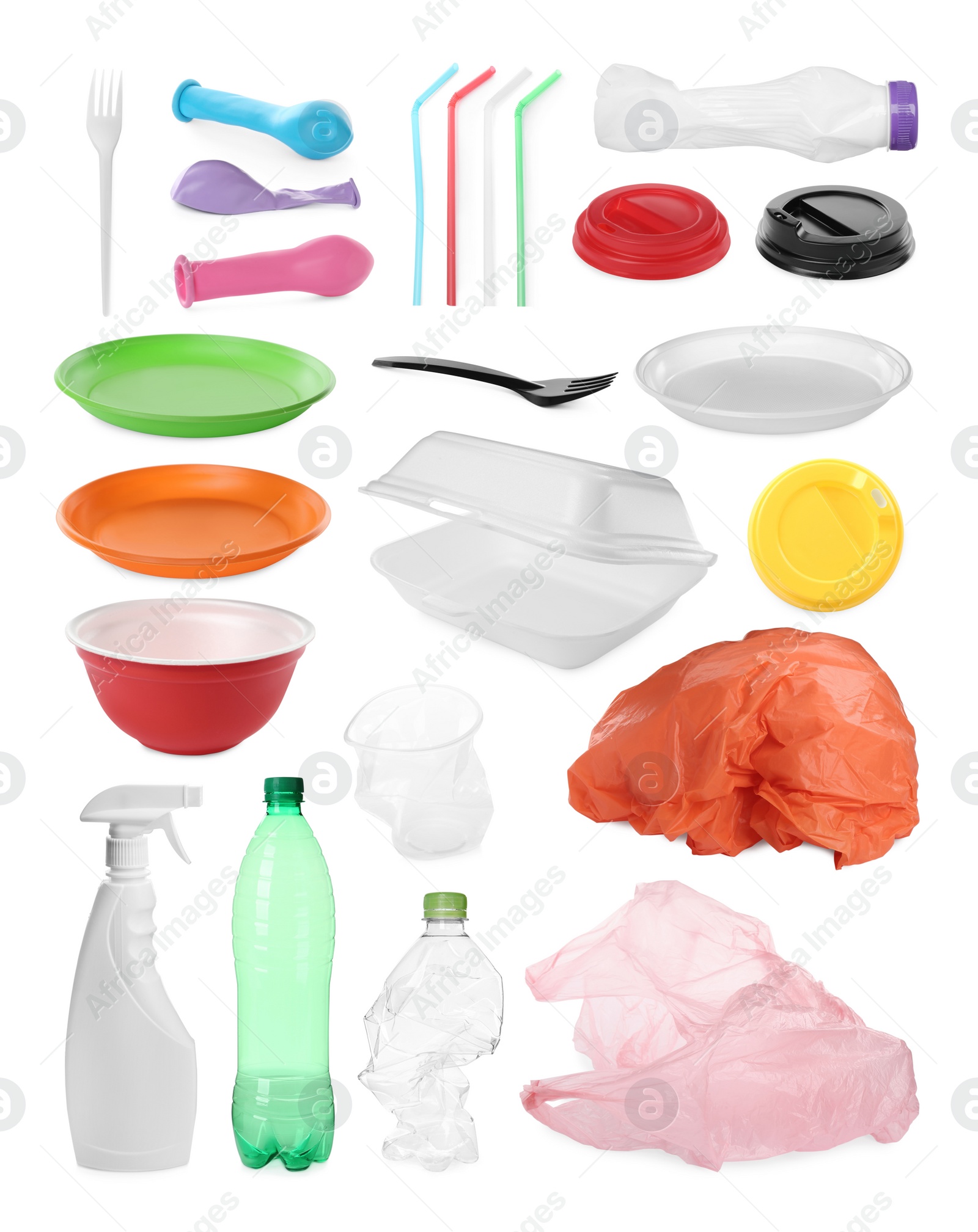Set with different plastic items on white background Image of Set with different plastic items on white background