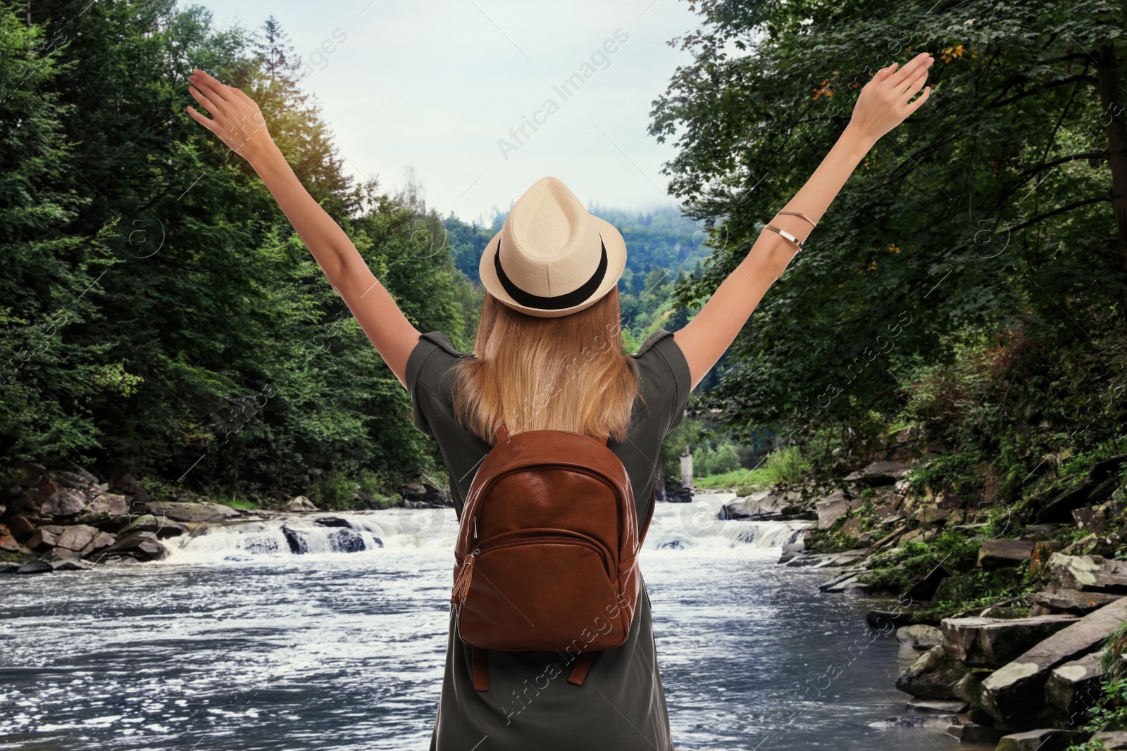 Traveler with backpack enjoying summer vacation trip Image of Traveler with backpack enjoying summer vacation trip