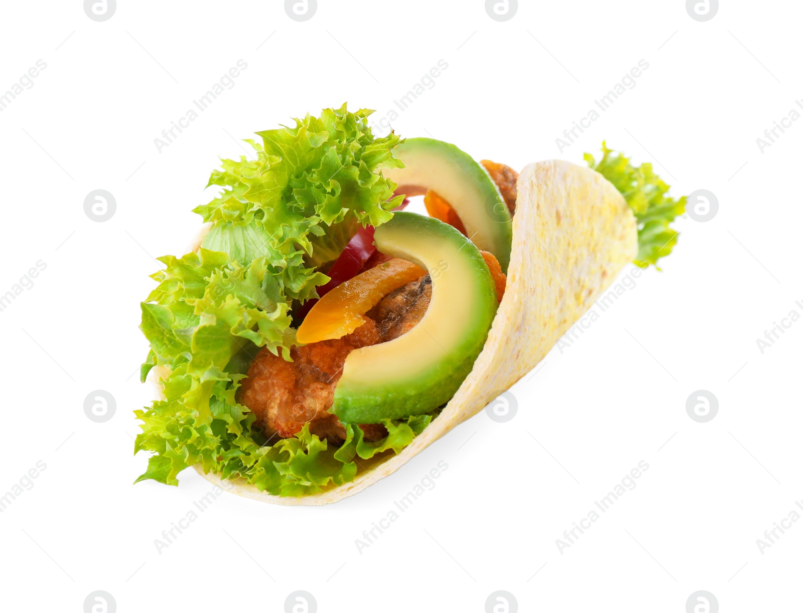 Delicious fish taco with avocado isolated on white Photo of Delicious fish taco with avocado isolated on white