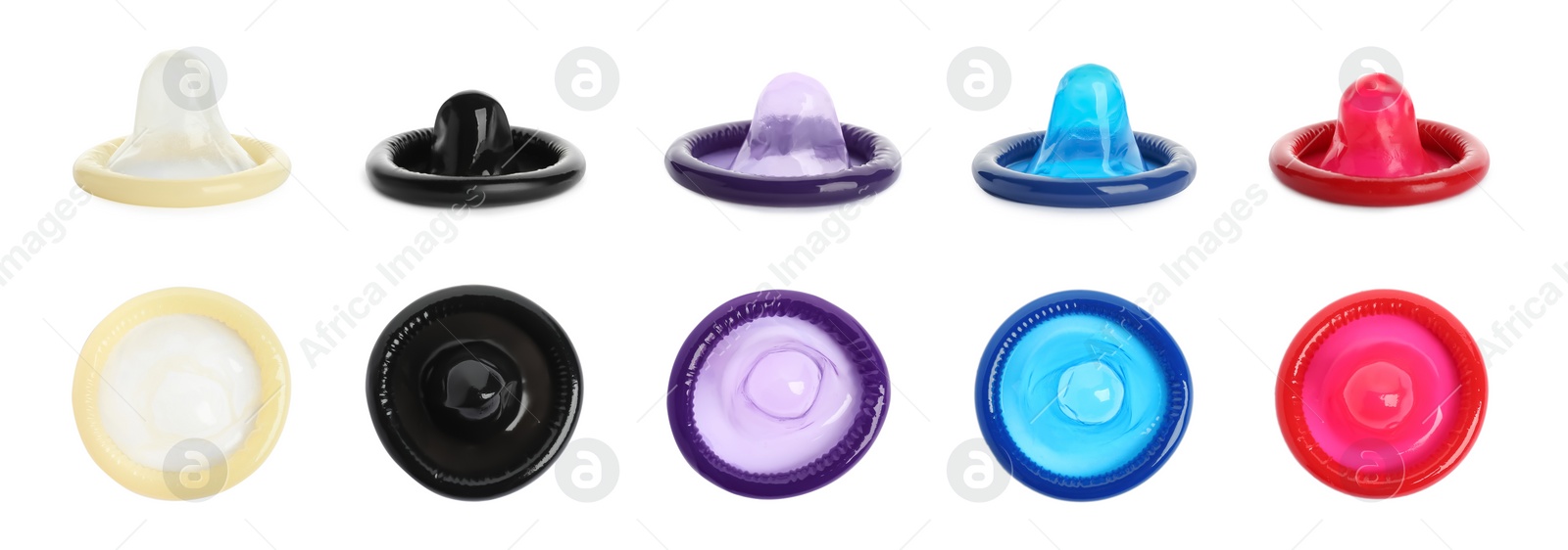 Set with different unpacked condoms on white background. Banner design Image of Set with different unpacked condoms on white background. Banner design