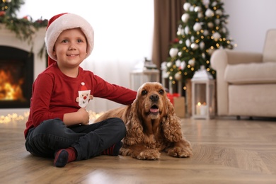Cute little boy with English Cocker Spaniel in room decorated for Christmas Photo of Cute little boy with English Cocker Spaniel in room decorated for Christmas