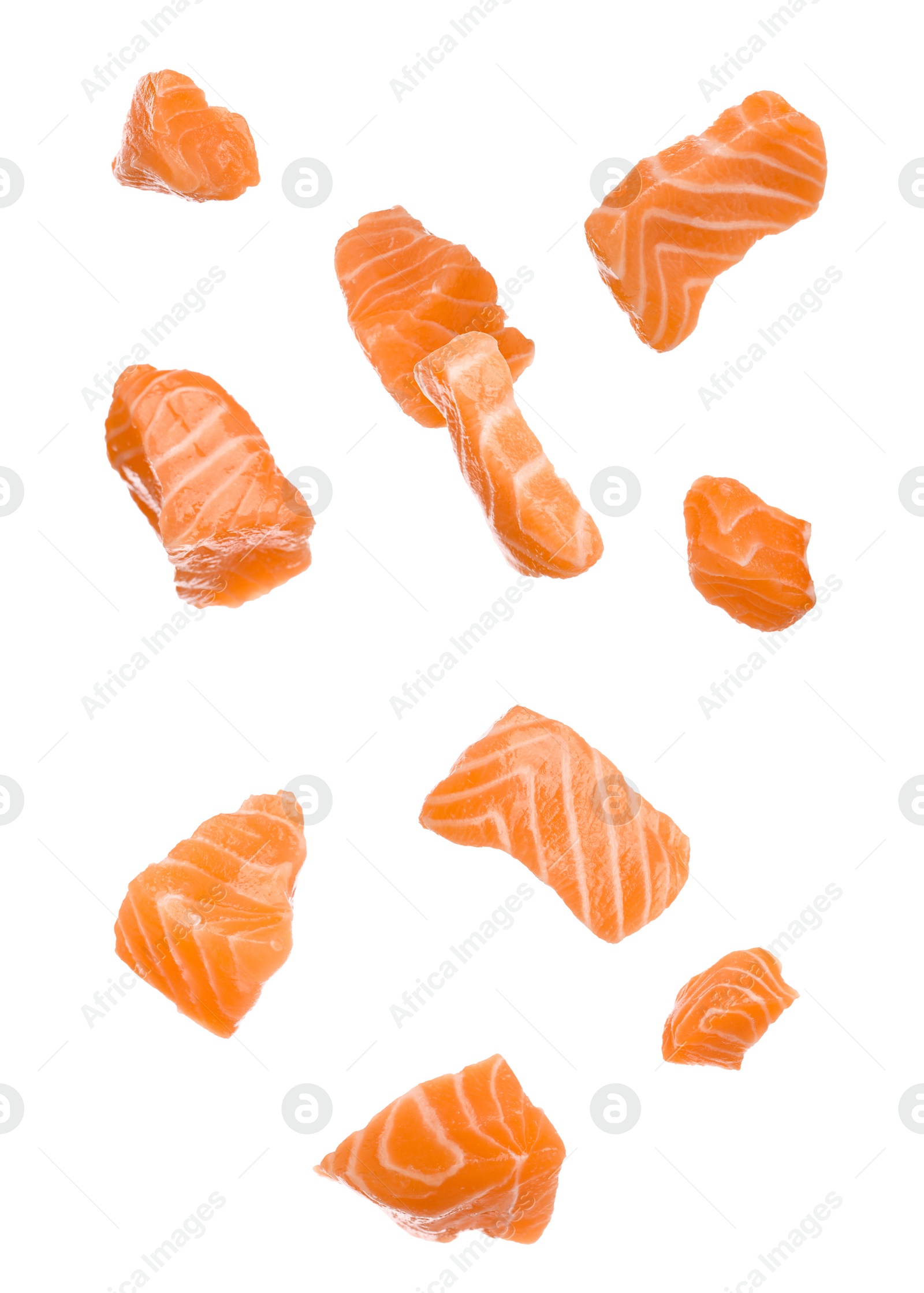 Set with pieces of fresh raw salmon on white background. Fish delicacy Image of Set with pieces of fresh raw salmon on white background. Fish delicacy