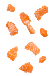 Set with pieces of fresh raw salmon on white background. Fish delicacy Image of Set with pieces of fresh raw salmon on white background. Fish delicacy
