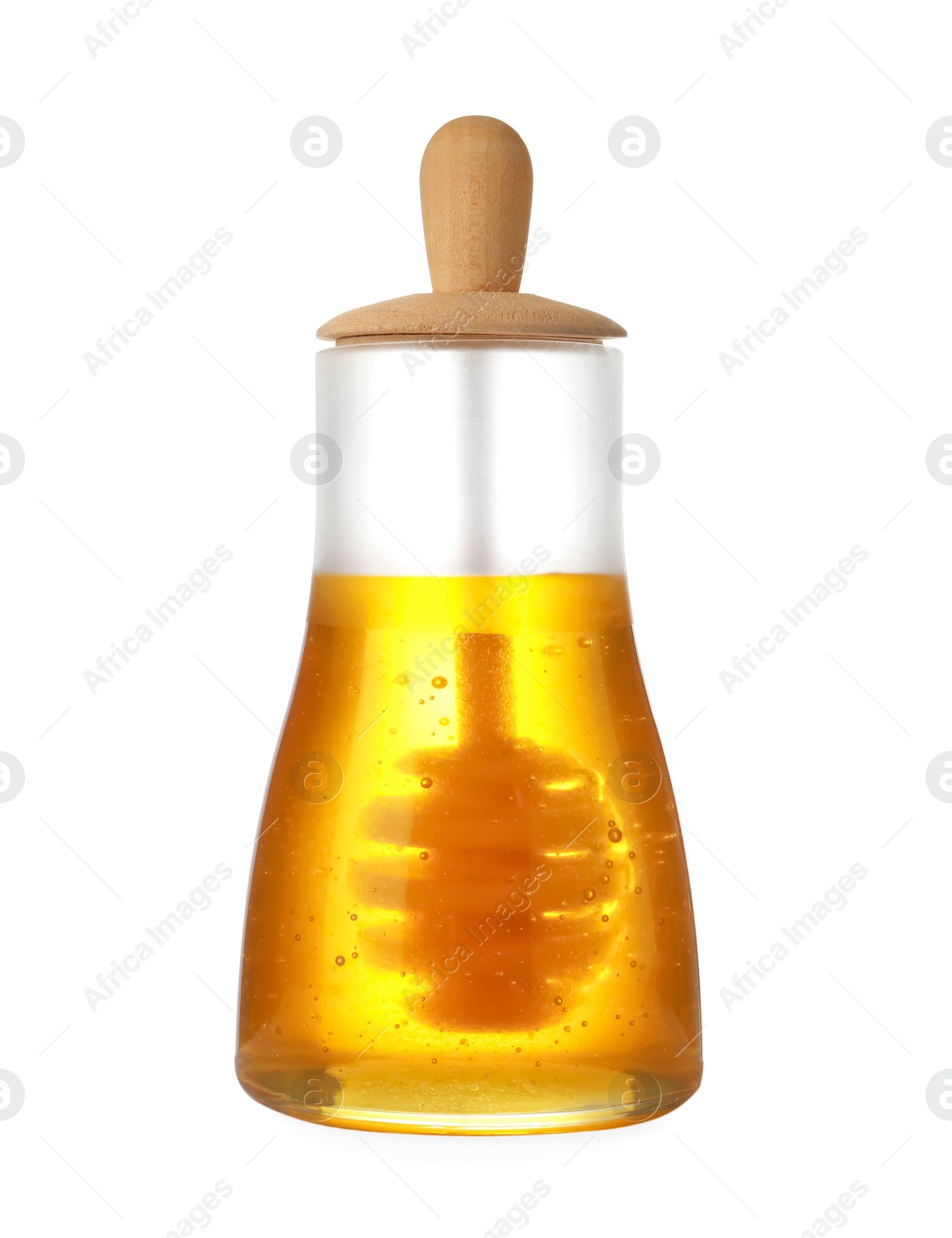 Jar with organic honey and dipper isolated on white Photo of Jar with organic honey and dipper isolated on white
