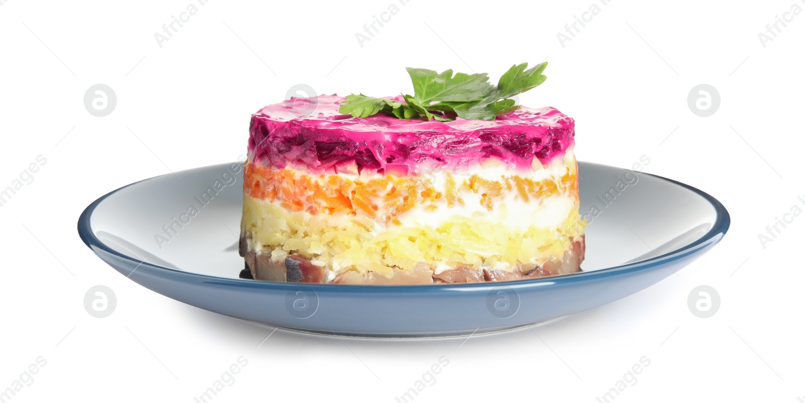 Herring under fur coat isolated on white. Traditional russian salad Photo of Herring under fur coat isolated on white. Traditional russian salad