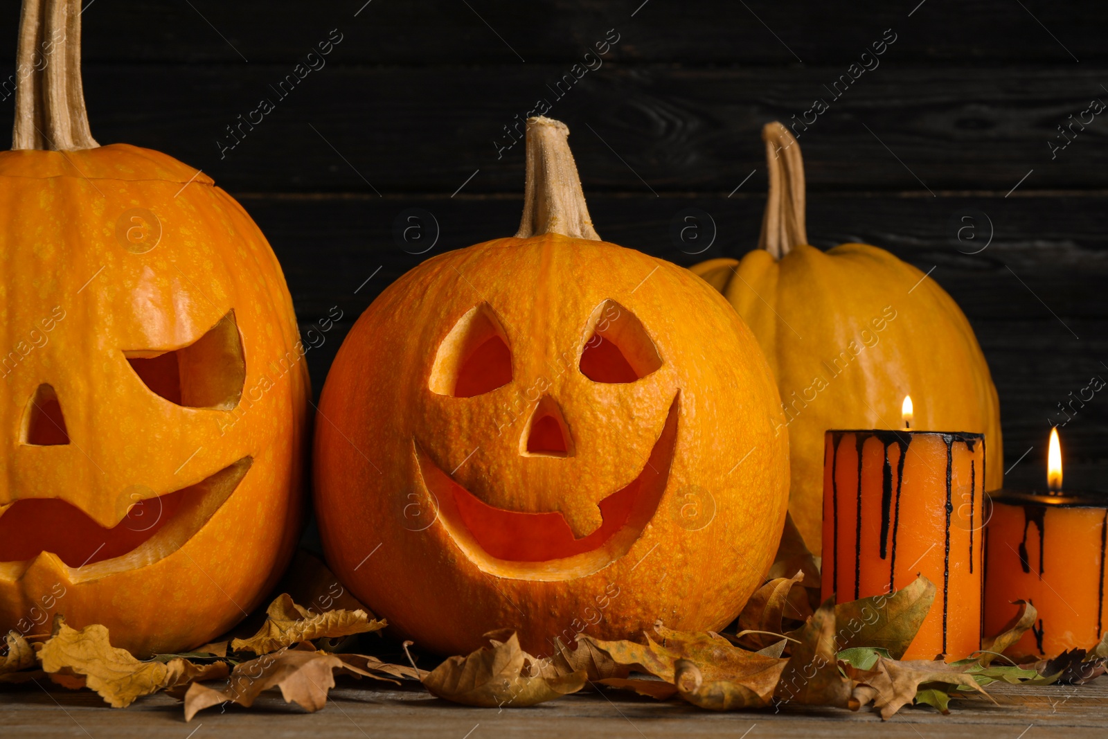 Photo of Pumpkins with scary faces and burning candles on black wooden background. Halloween traditional decor