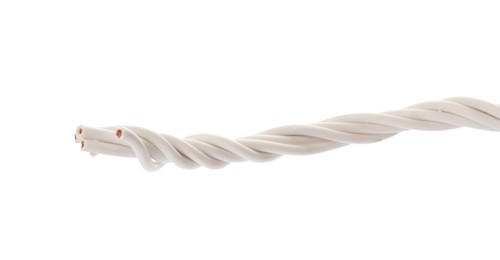 Many twisted electrical wires on white background Photo of Many twisted electrical wires on white background