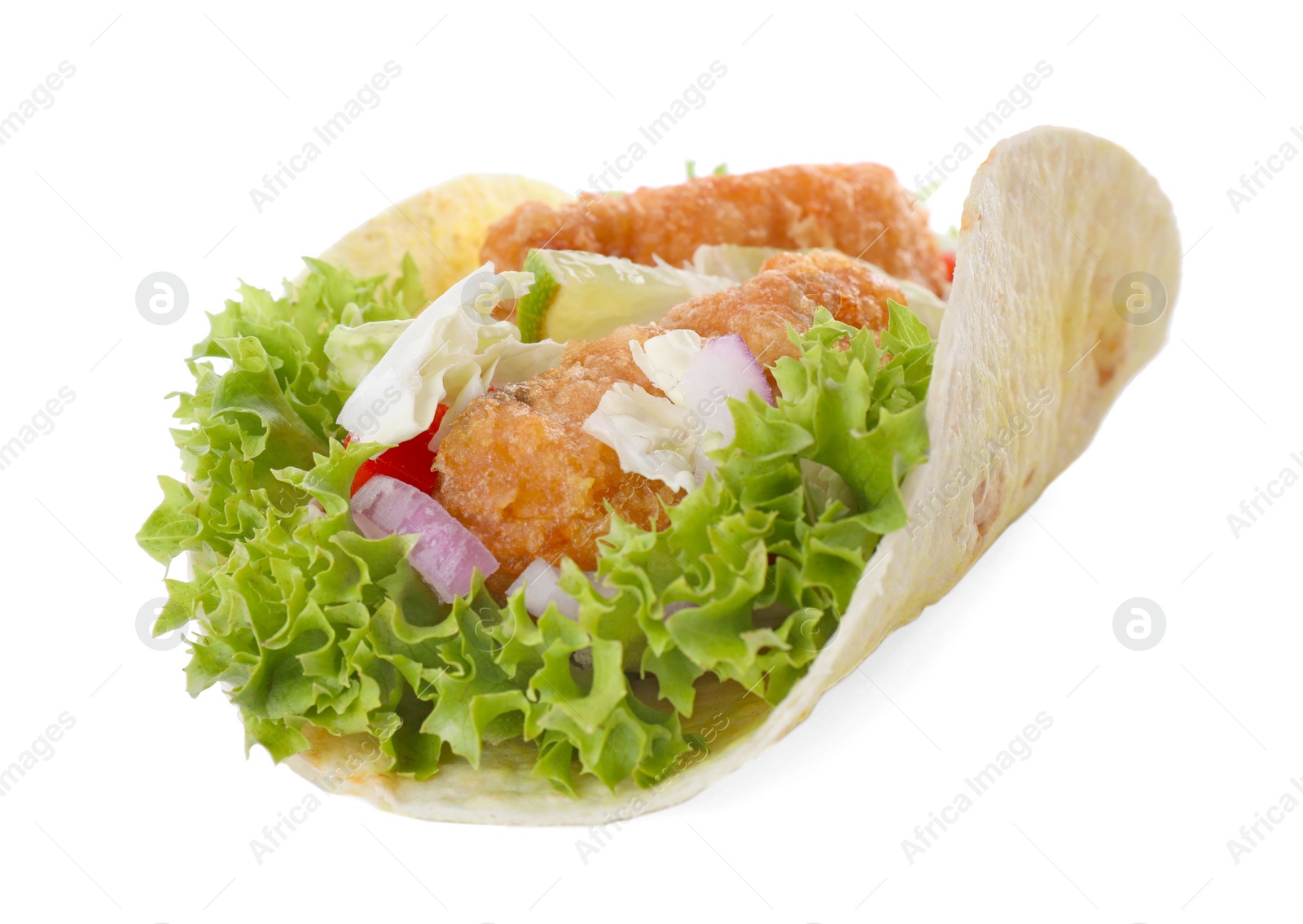 Delicious fish taco with lettuce isolated on white Photo of Delicious fish taco with lettuce isolated on white