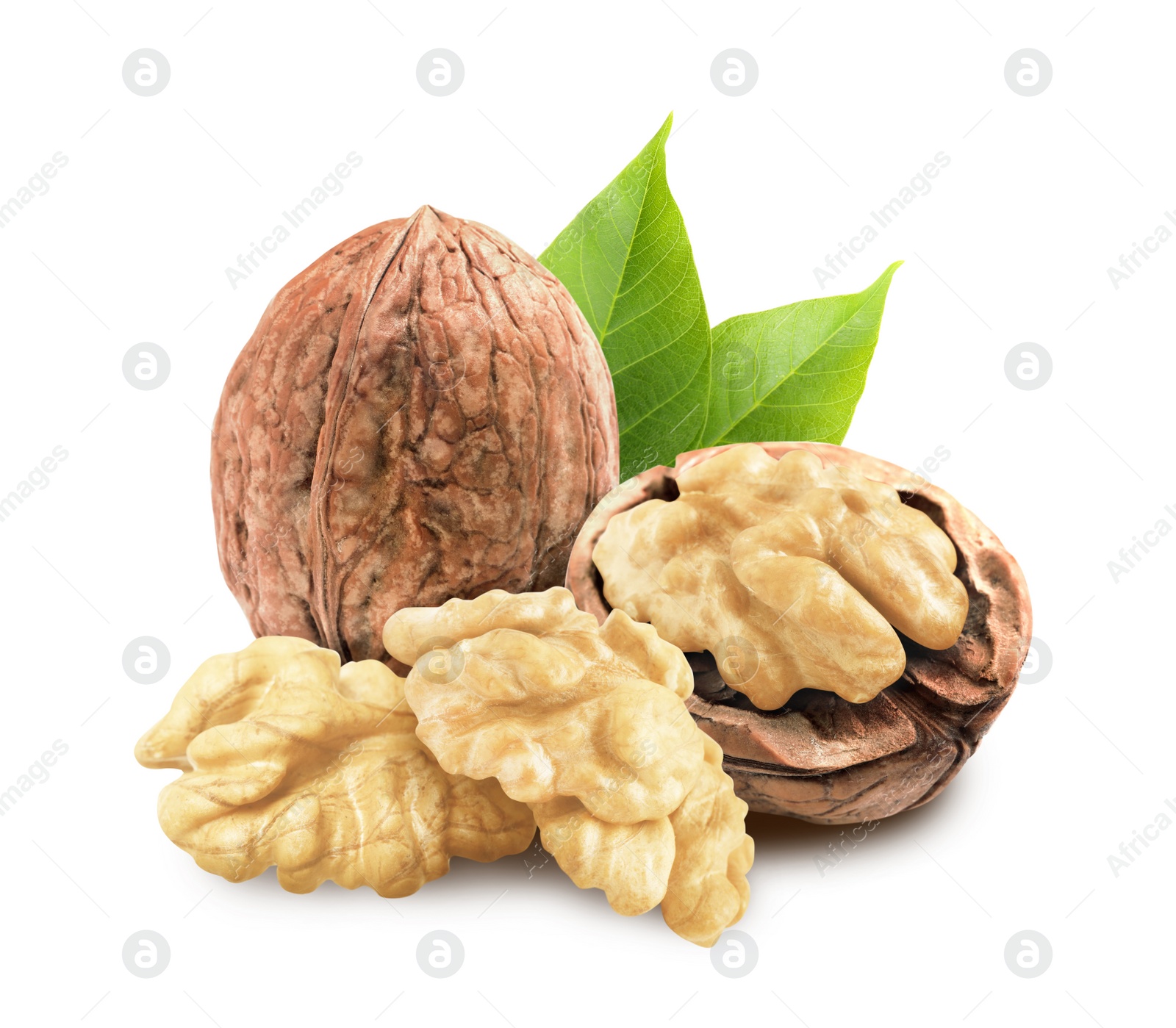 Tasty walnuts and green leaves on white background Image of Tasty walnuts and green leaves on white background