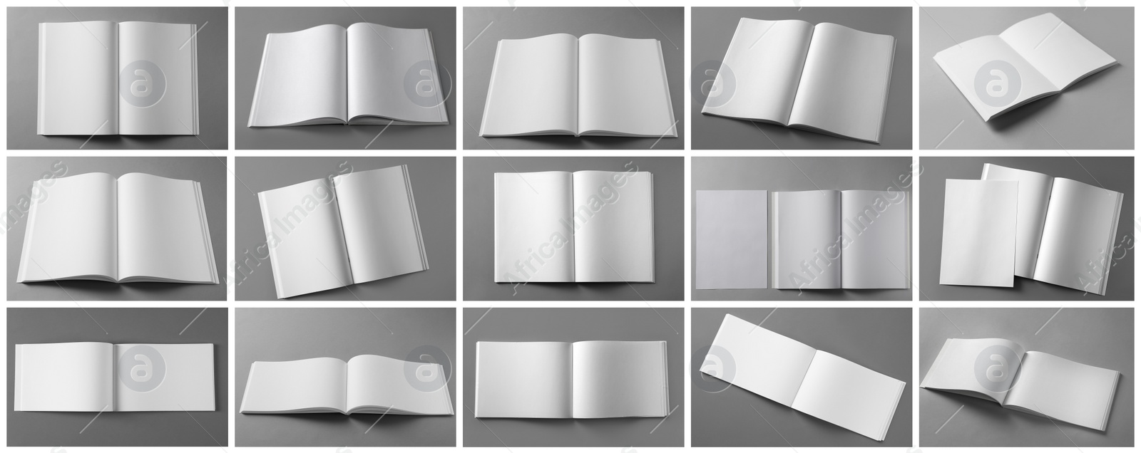 Open blank brochures on grey background, collage. Banner design Image of Open blank brochures on grey background, collage. Banner design