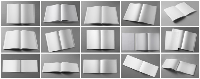 Open blank brochures on grey background, collage. Banner design Image of Open blank brochures on grey background, collage. Banner design