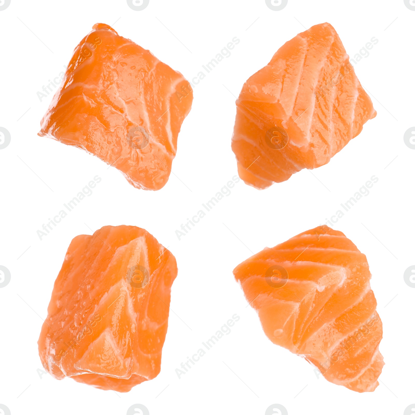Set with pieces of fresh raw salmon on white background. Fish delicacy Image of Set with pieces of fresh raw salmon on white background. Fish delicacy