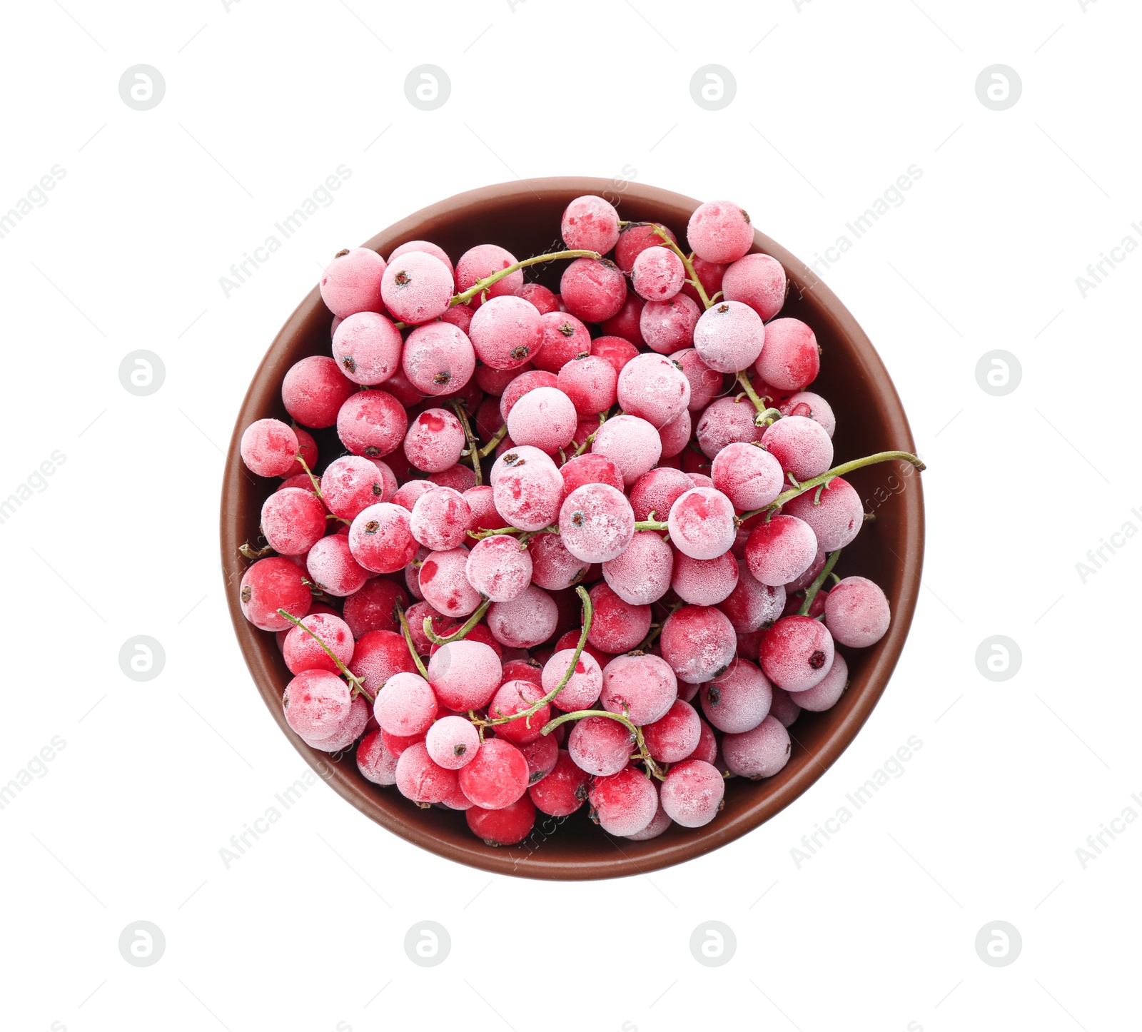 Tasty frozen red currants in bowl on white background, top view Photo of Tasty frozen red currants in bowl on white background, top view