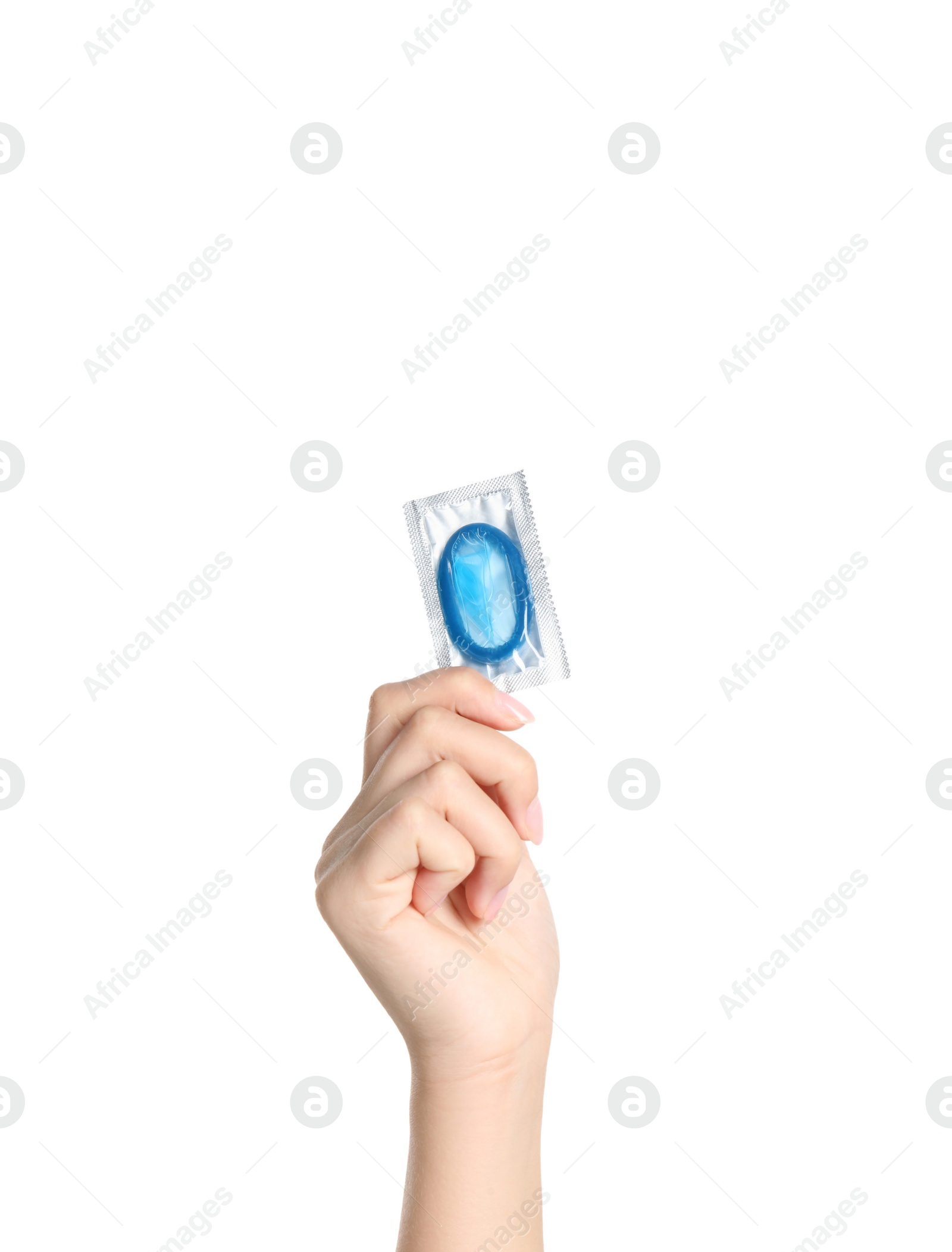Photo of Woman holding condom on white background, closeup