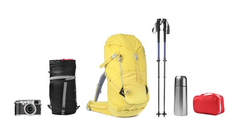 Image of Set with different camping equipment on white background