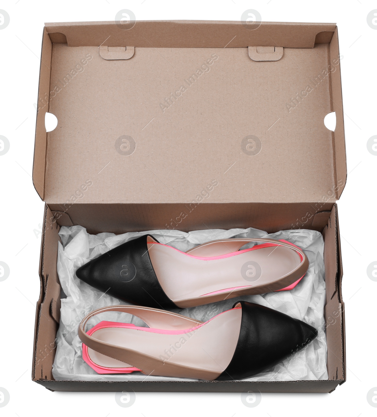 Pair of stylish shoes in cardboard box on white background, top view Photo of Pair of stylish shoes in cardboard box on white background, top view