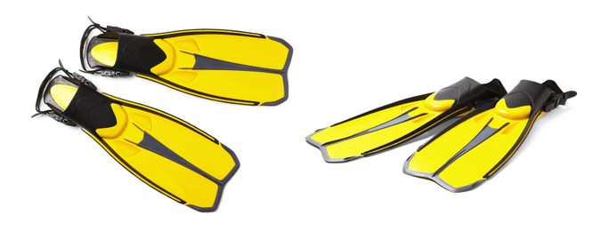 Yellow flippers on white background, collage. Banner design Image of Yellow flippers on white background, collage. Banner design