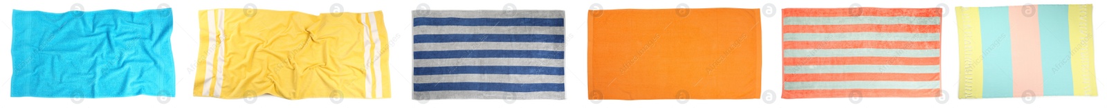 Set with different beach towels on white background, top view. Banner design Image of Set with different beach towels on white background, top view. Banner design