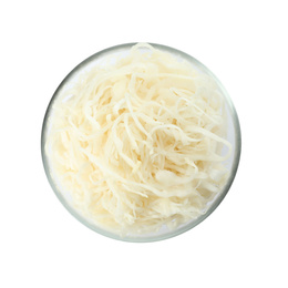 Glass bowl of tasty fermented cabbage isolated on white, top view Photo of Glass bowl of tasty fermented cabbage isolated on white, top view