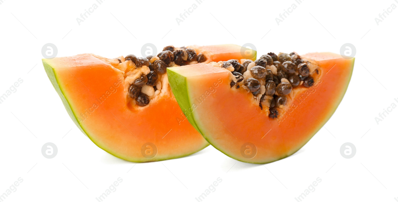Fresh ripe papaya slices on white background Photo of Fresh ripe papaya slices on white background