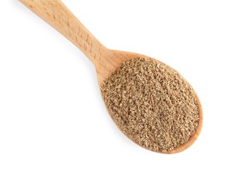 Photo of Wooden spoon with powdered coriander on white background, top view