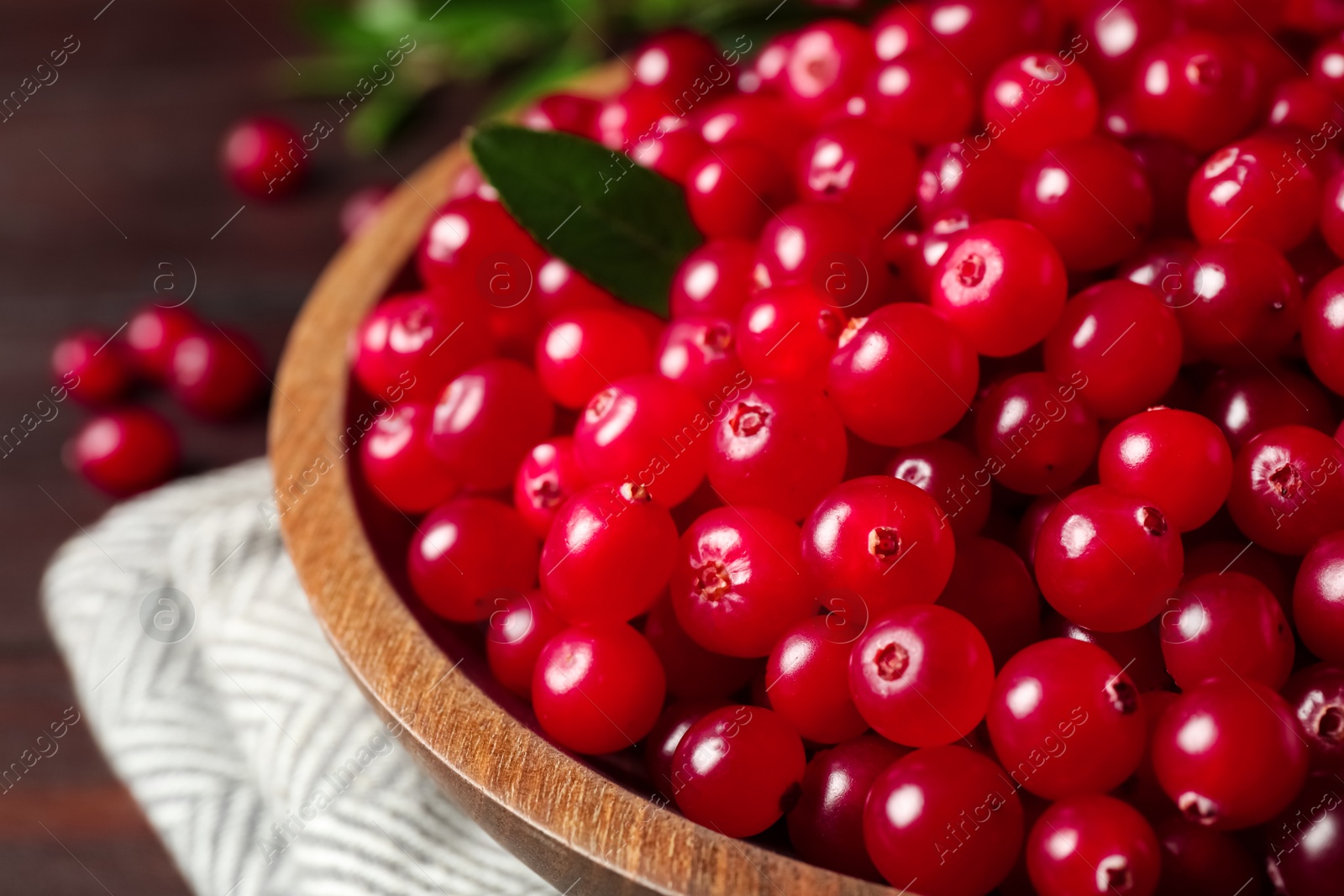 Plate with tasty ripe cranberries on table, closeup Photo of Plate with tasty ripe cranberries on table, closeup
