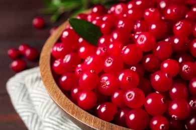 Plate with tasty ripe cranberries on table, closeup Photo of Plate with tasty ripe cranberries on table, closeup