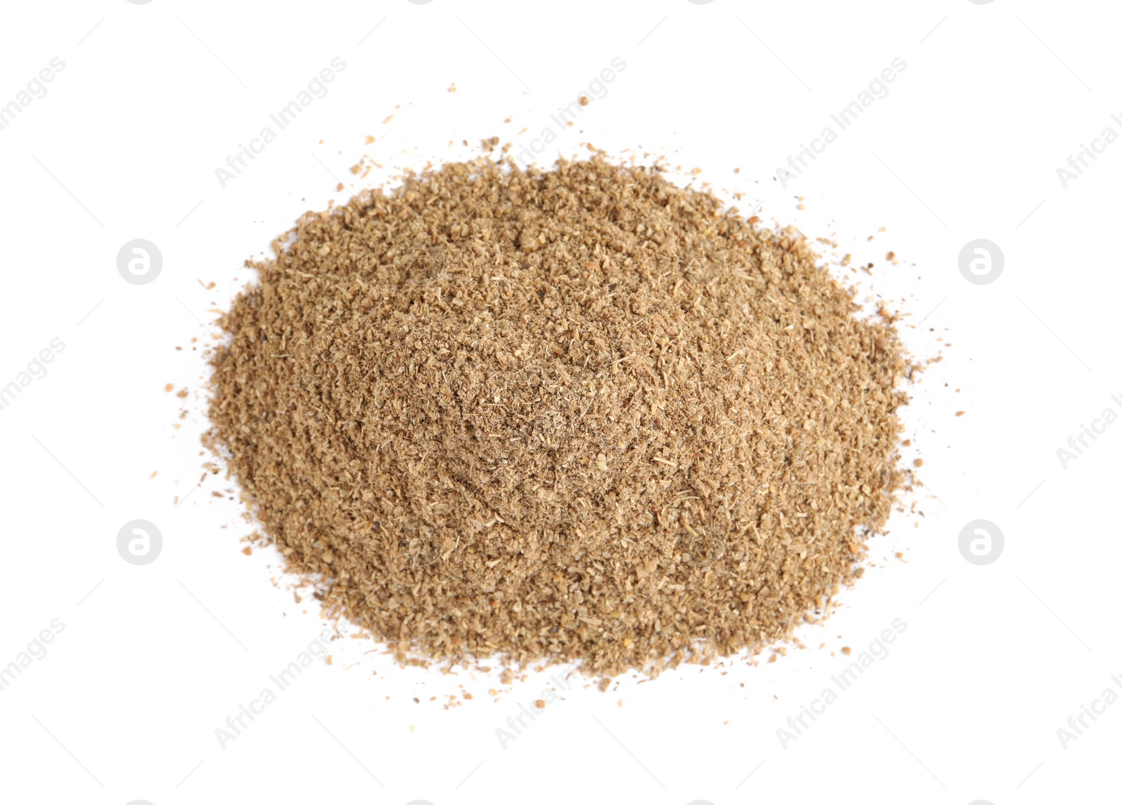 Heap of powdered coriander isolated on white, top view Photo of Heap of powdered coriander isolated on white, top view