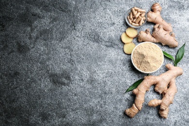 Dry, fresh and capsuled ginger on grey table, flat lay. Space for text Photo of Dry, fresh and capsuled ginger on grey table, flat lay. Space for text