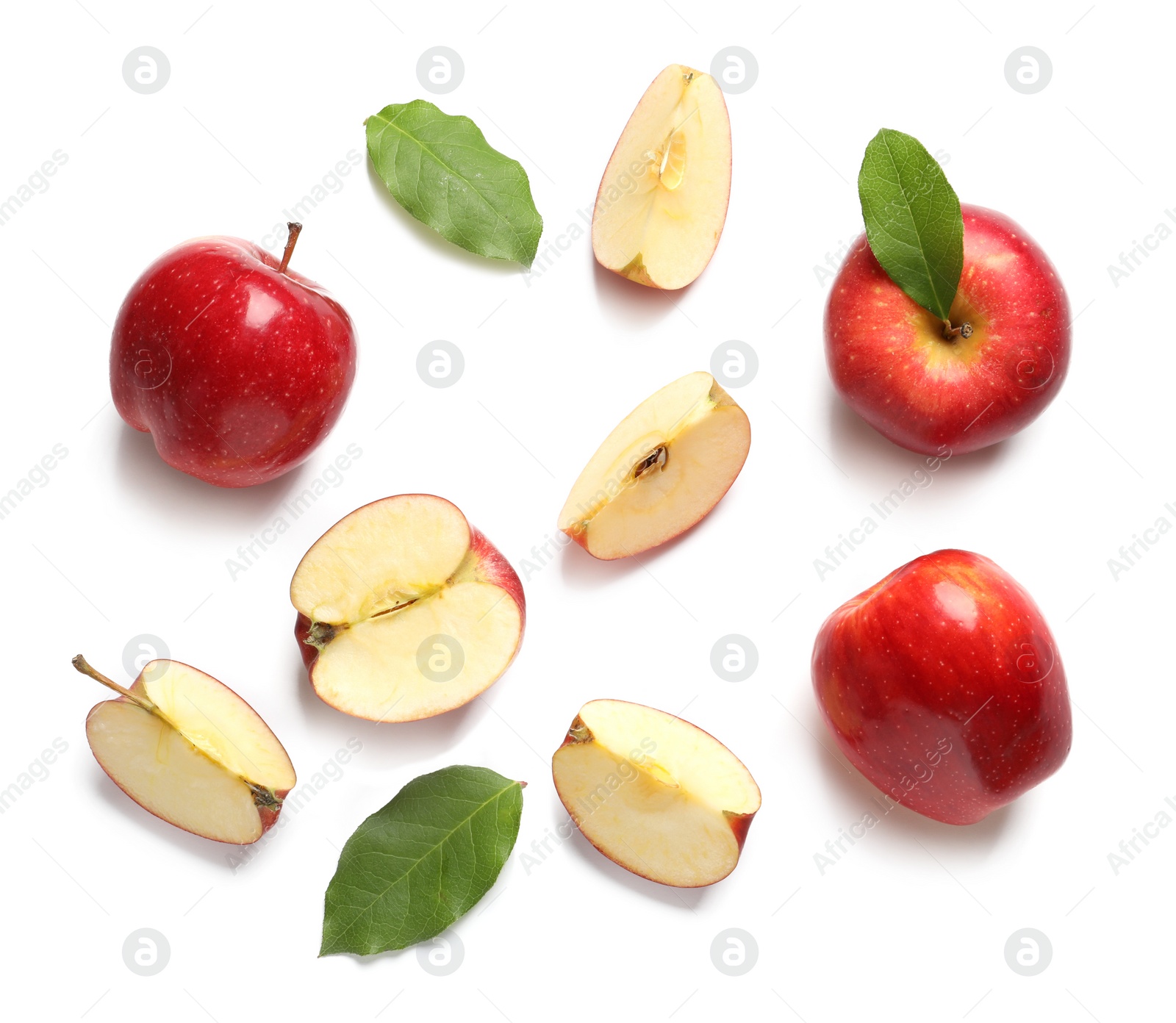 Ripe red apples on white background, flat lay Photo of Ripe red apples on white background, flat lay