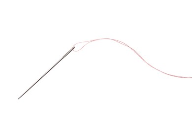 Sewing needle with thread isolated on white, top view Photo of Sewing needle with thread isolated on white, top view