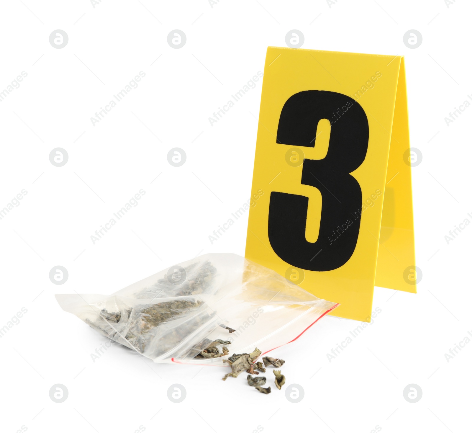 Plastic bag with cannabis and crime scene marker with number three isolated on white. Photo of Plastic bag with cannabis and crime scene marker with number three isolated on white.