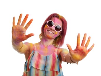 Woman covered with colorful powder dyes on white background. Holi festival celebration Photo of Woman covered with colorful powder dyes on white background. Holi festival celebration