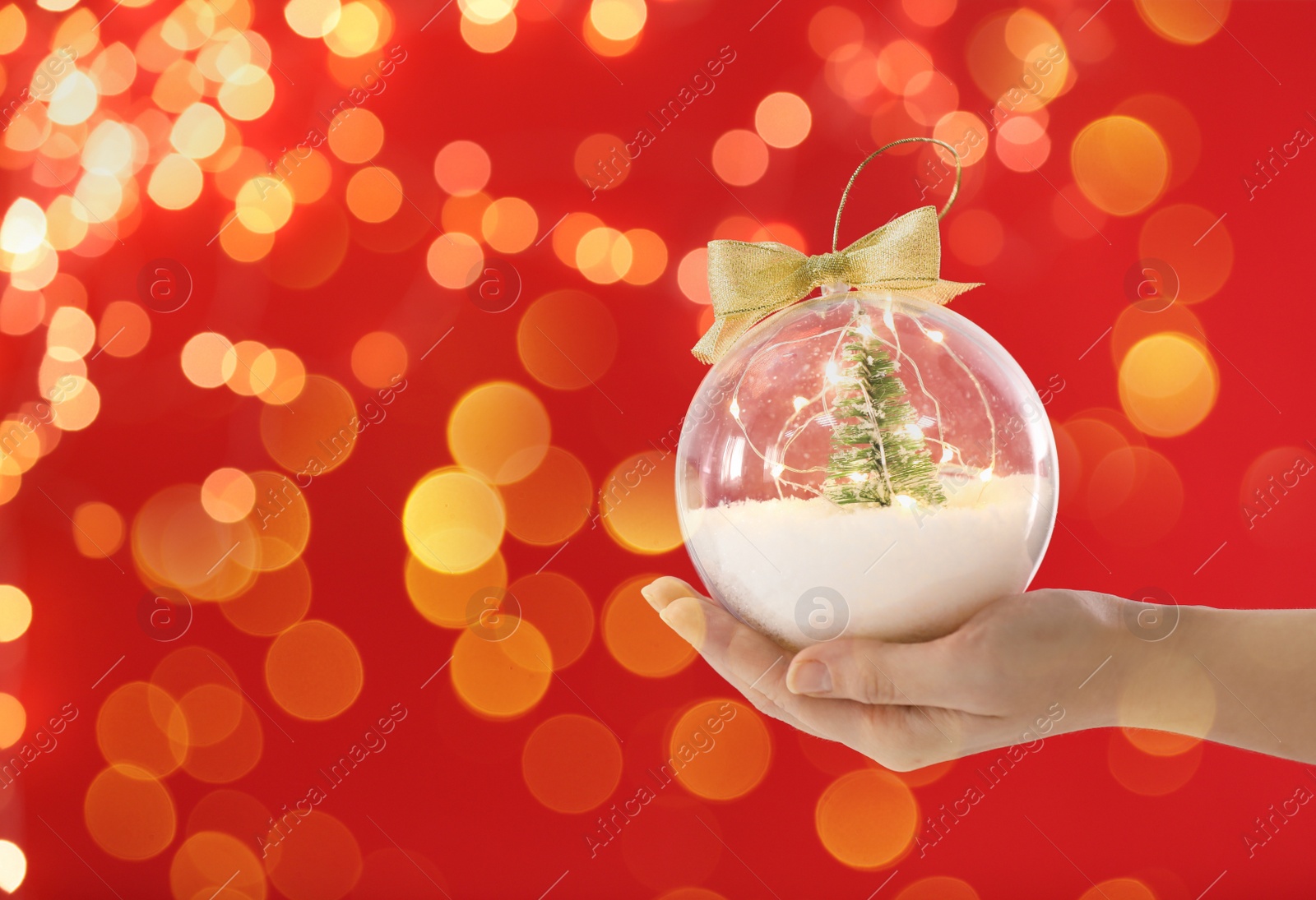 Woman holding transparent Christmas ornament with small tree, fairy lights and snow against red background, bokeh effect. Space for text Image of Woman holding transparent Christmas ornament with small tree, fairy lights and snow against red background, bokeh effect. Space for text