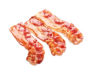 Fried bacon on white background Photo of Fried bacon on white background